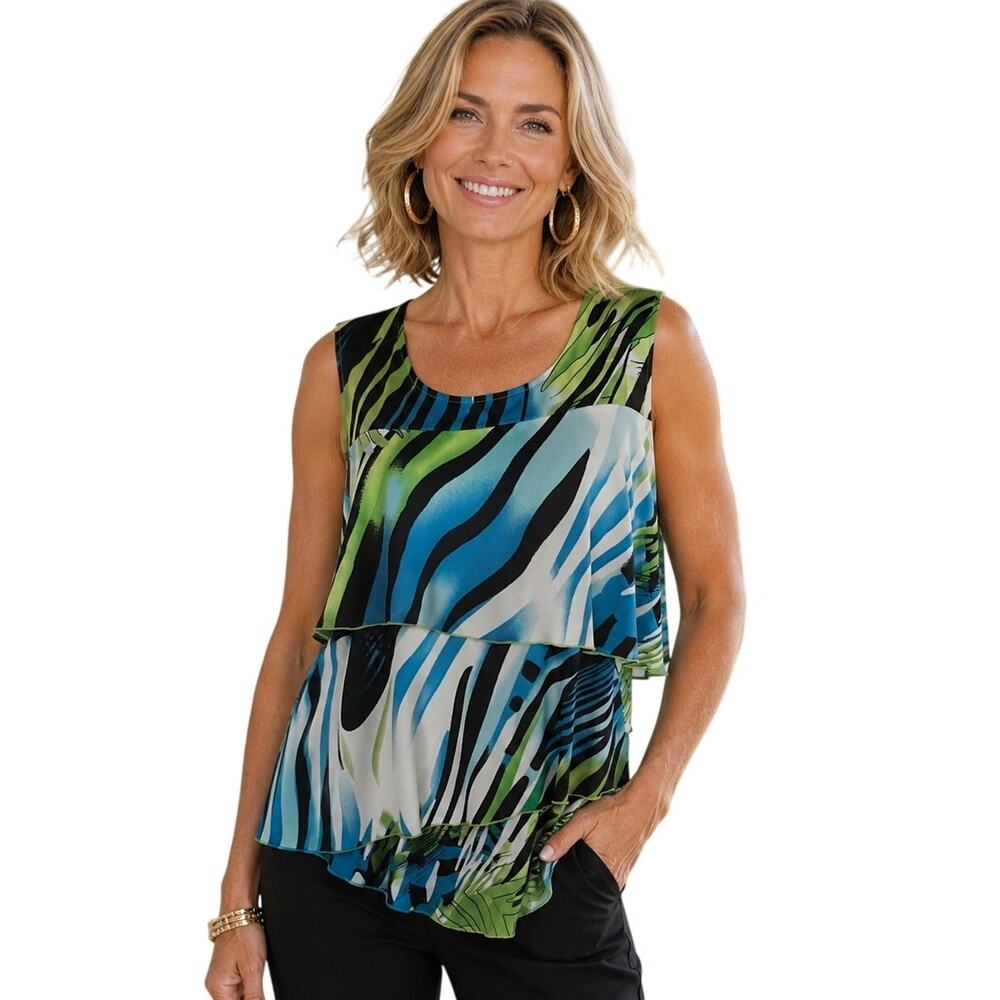 Andria Lieu Collection Tiered Tank Womens XL Green Blue Tropical Coastal Top